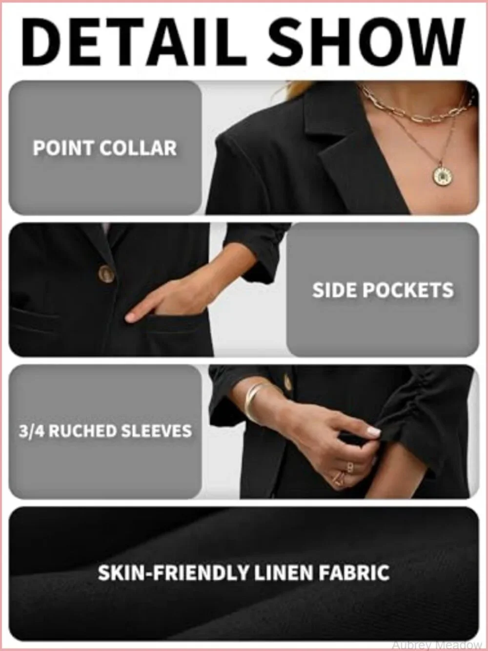 Linen Blazer 3/4 Ruched Sleeves Slim Fit Jacket with Pockets